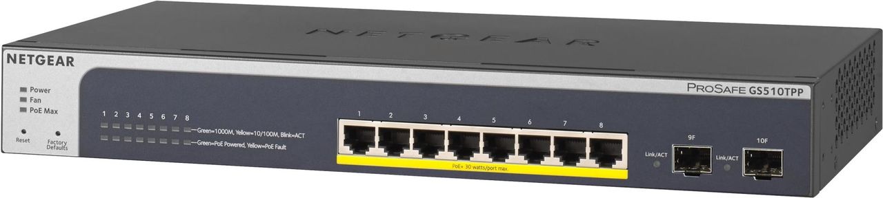 Netgear Smart Gs510tpp - Switch - L3 Lite - Smart - 8 X 10/100/1000 (poe+) + 2 X Sfp - Desktop, An Rack Montierbar - Poe+ (190 W) (gs510tpP-100eus)