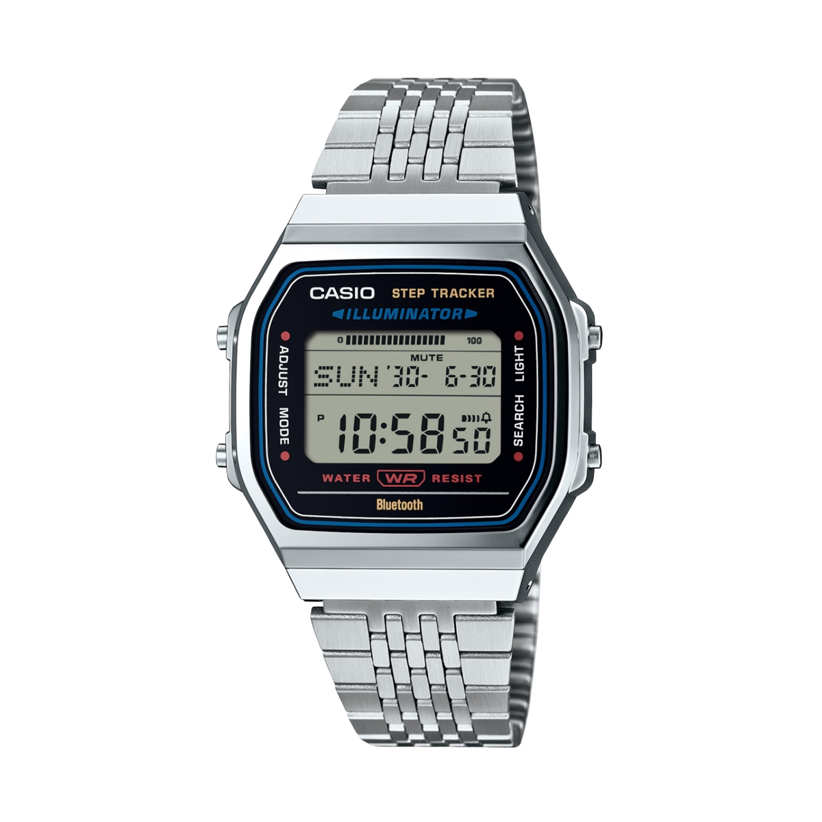 Casio Vintage Mod. Silver -Bluetooth® Smartphone Link W. BuilT-In Accelerometer Senses Body Movements + Steps Counter