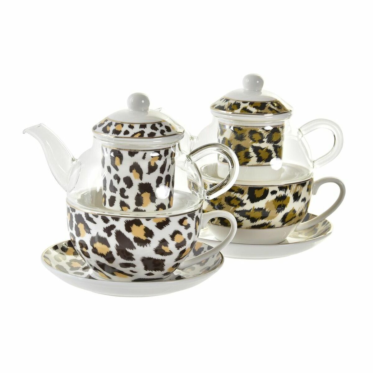 Teiera DKD Home Decor Leopardo Cristallo Porcellana Marrone Trasparente Bianco (2 Unità) - Image 4