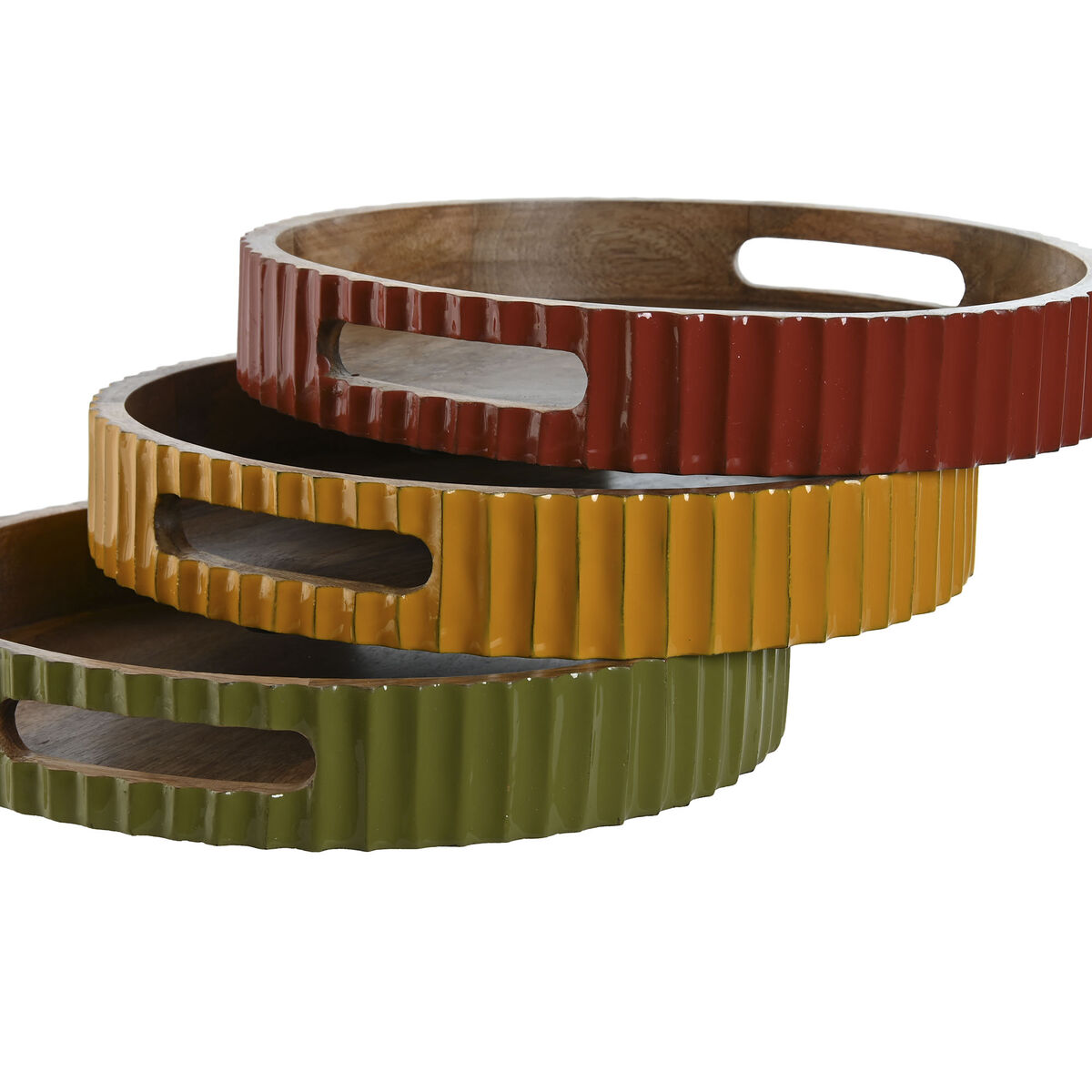 Vassoio Home ESPRIT Giallo Verde Corallo Legno di mango 30 x 30 x 5 cm (3 Unità) - Image 3