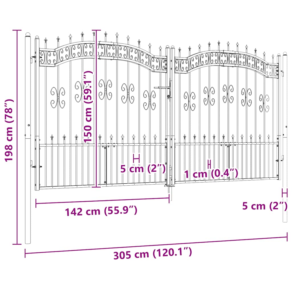 vidaXL Zauntor mit Speerspitze Schwarz 305 x 150 cm Pulverbeschichteter Stahl - Image 6