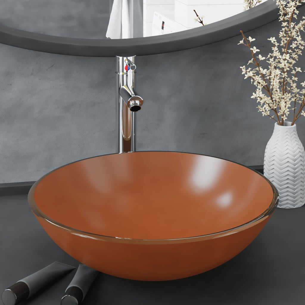 vidaXL Badezimmer Waschbecken mit Wasserhahn und Ablaufgarnitur Braun