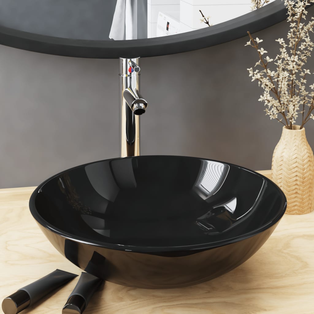 vidaXL Badezimmer Waschbecken mit Wasserhahn Ablaufgarnitur Schwarz