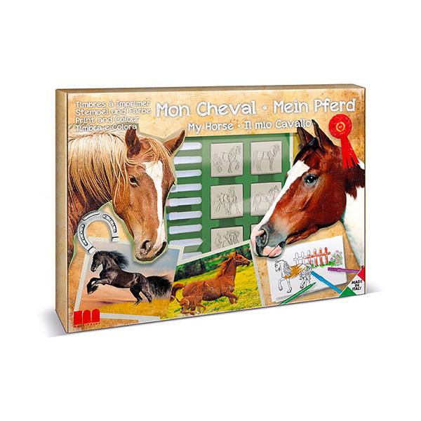 Scatola Per Timbri - Multiprint - 4895 - Cavalli - 7 Timbri In Legno E Lattice, 12 Pennarelli Giotto, Righello, Album Da Colorare