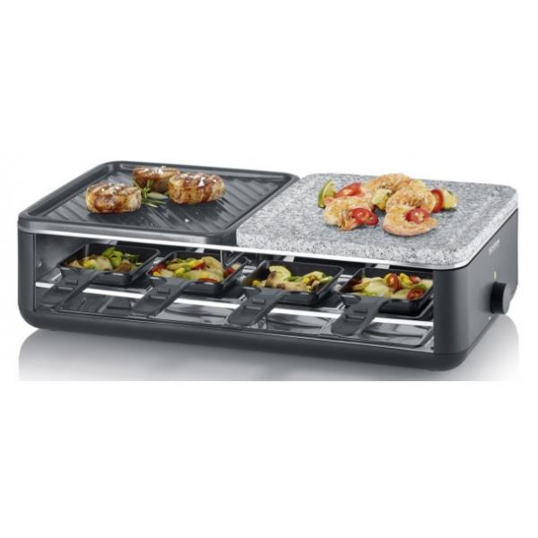 Raclette Grill - Severin - Rg2366 - 8 Persone. - Piastra Di Cottura In Pietra Naturale E Reversibile - 8 Teglie - Nero