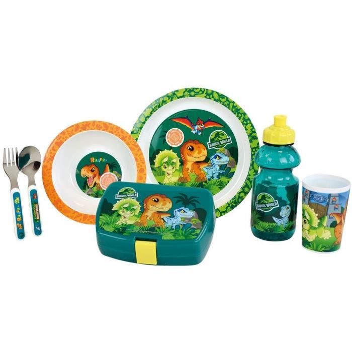 Servizio Da Tavola Jurassic Per Bambini - Fun House - 006322 - Vetro, Piatto Fondo, Piatto Piano, Posate, Bottiglia E Contenitore Per Snack