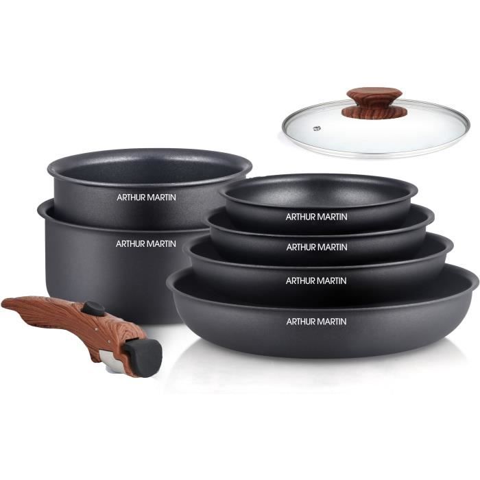 8 - Batteria Da Cucina A 8 Camere Arthur Martin - Alluminio - Manico In Legno - Tutte Le Luci Inclusa L'induzione