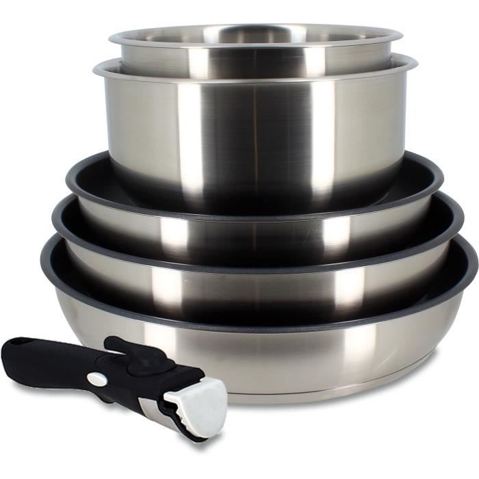 Set Di Pentole - Induzione - Menastyl - 7930018 - Acciaio Inossidabile - 6 Pezzi - Manico Rimovibile - Grigio