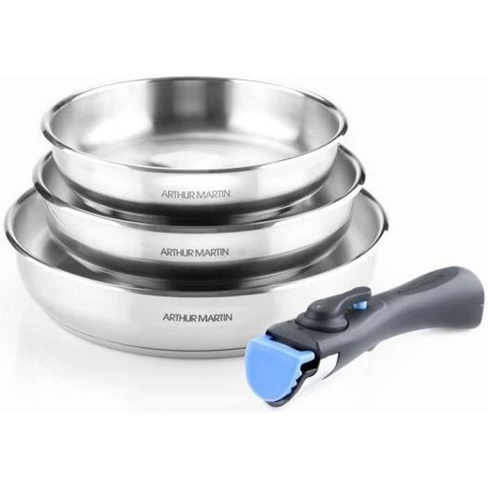 Set Di 3 Stufe 20-24-26 Cm Arthur Martin Am1410 - Acciaio Inossidabile - Manico Rimovibile - Tutte Le Luci Inclusa L'induzione