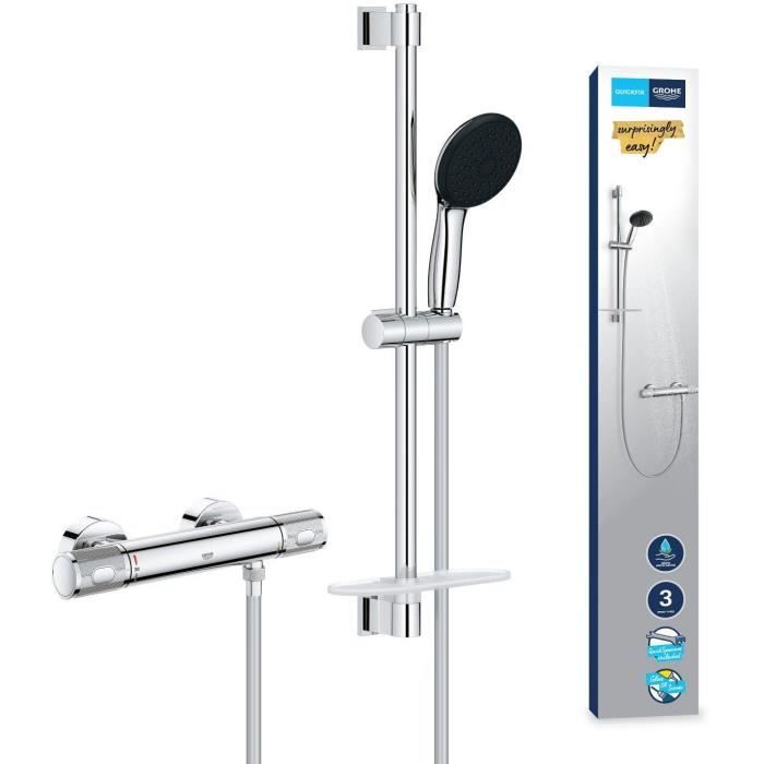 Set Doccia Con Miscelatore Termostatico, Soffione 3 Getti, Asta 60 Cm E Flessibile - Grohe 34791001 - Water Saving - Cromo