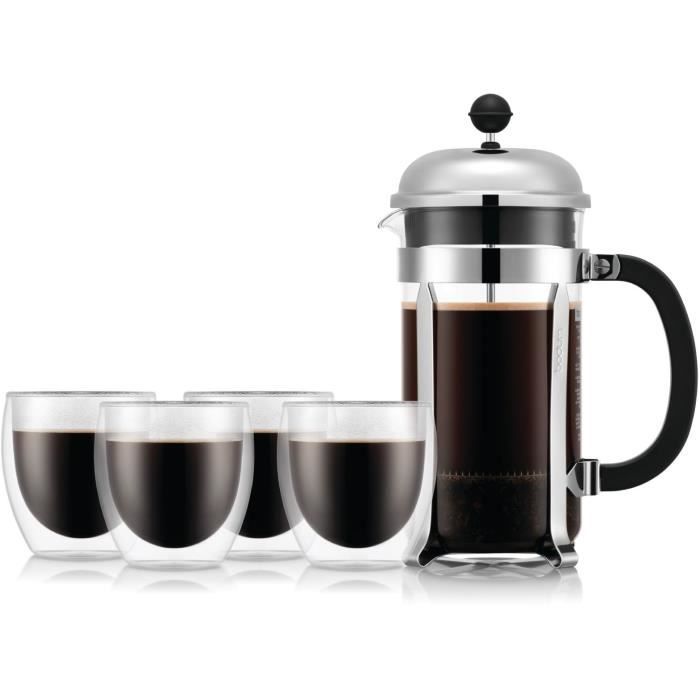 Caffettiera French Press - Bodum - Set Chambord - 8 Tazze 1,0 L + 4 Bicchieri Pavina Doppia Parete 25 cl