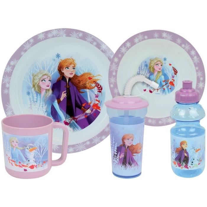 Set Stoviglie Disney Frozen - Fun House - 006379 - Piatto Fondo, Piatto Piano, Tazza, Bottiglia E Bicchiere Con Cannuccia