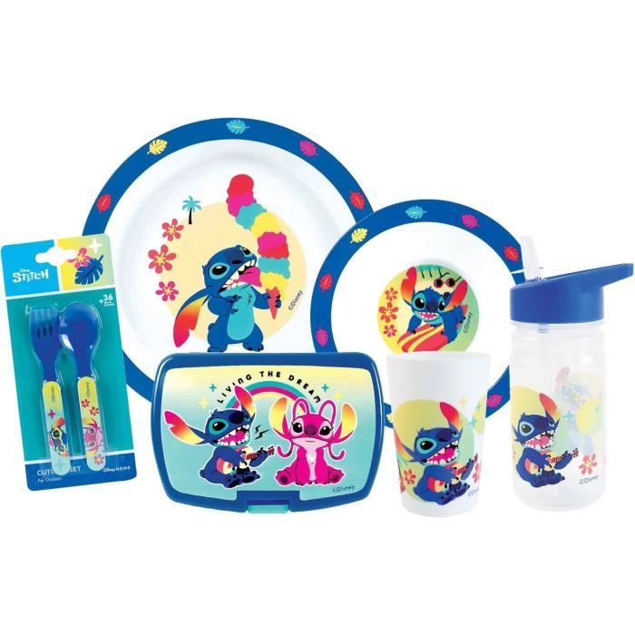 Set Di Piatti - Fun House - Stitch And Angel - Bicchiere, Piatto Ø22 Cm E Ø16 Cm, Posate, Borraccia E Snack Box