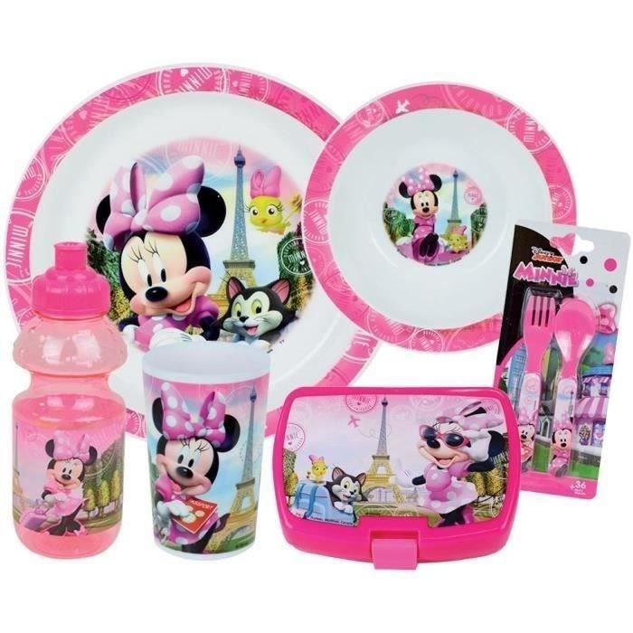 Set Stoviglie Disney Minnie - Fun House - 006377 - Vetro, Piatto Fondo, Piatto Piano, Bottiglia, Scatola Snack E Posate
