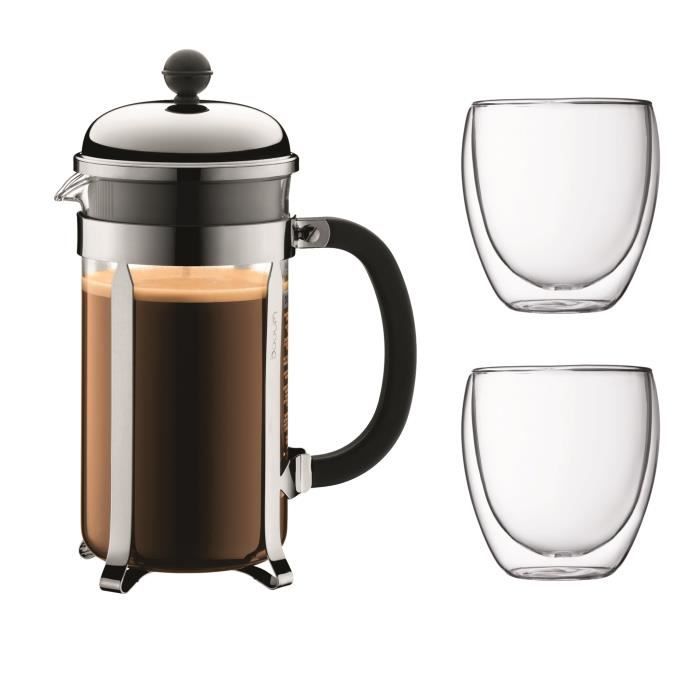 Bodum Chambord Set Da Caffè A Pistone - 8 Tazze - 1l - Grigio - Con 2 Bicchieri A Doppia Faccia Pavina 0,35l
