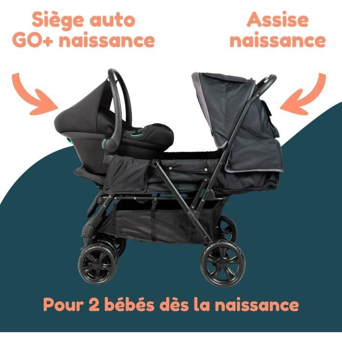 Passeggino Gemellare Doppio - Bambisol - Passeggino Doppio Combinato + Seggiolino Auto I-Size - 4 Ruote - Nero