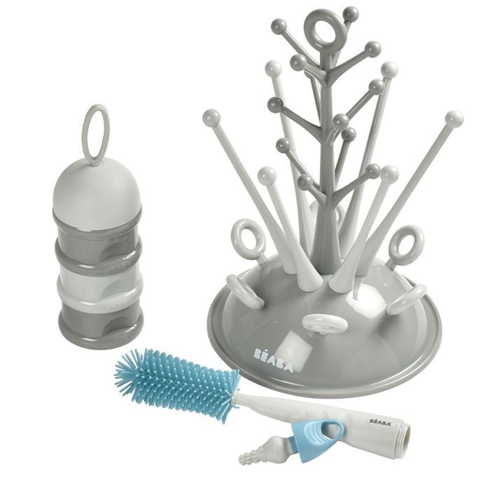 Beaba Birth Set (gocciolatoio Grigio Albero / Contenitore Di Dosaggio Nebbia Chiara / Scura / Spazzola Per Bottiglie In Silicone / Bavaglino In Tessu