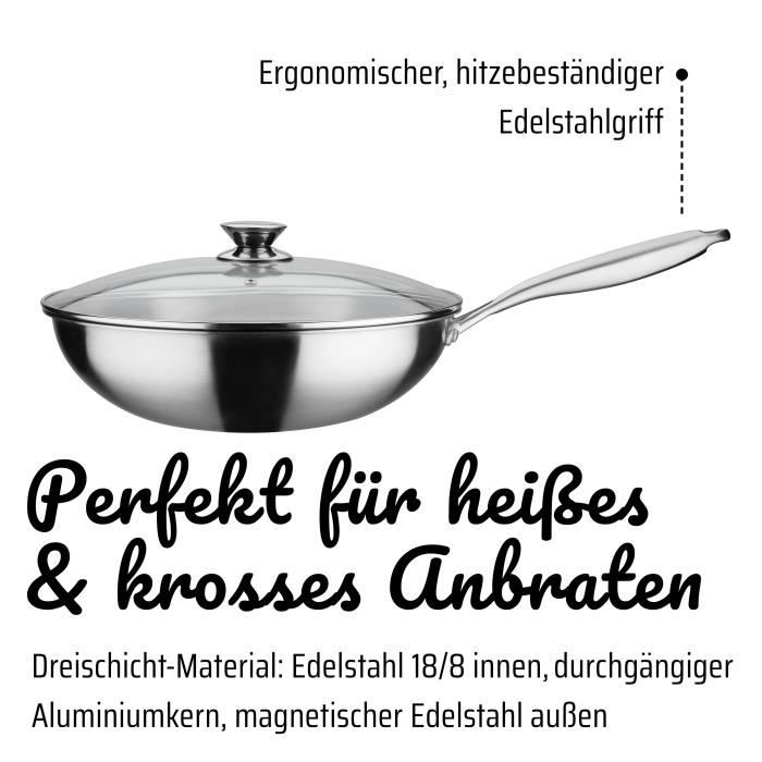 Gsw Wok Pro Con Coperchio - Ø 32 Cm - Fondo A 3 Strati - Manico Rivettato - Acciaio Inossidabile - Tutte Le Fonti Di Calore Inclusa L'induzione - Image 3