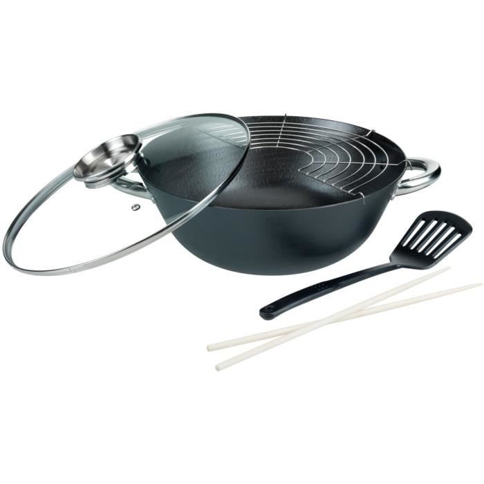Wok Multifunzione 5 Pezzi - Gsw - 860956 - Acciaio Fuso - 32 Cm - Adatto A Tutti I Piani Cottura, Anche A Induzione