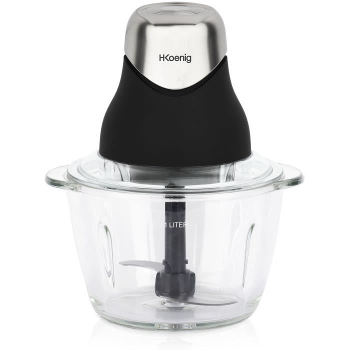 Mini Tritatutto Elettrico - H.koenig - Leo8 - 320 W - Ciotola In Vetro Da 1 L - Lame In Acciaio Inossidabile - Nero Opaco E Cromato