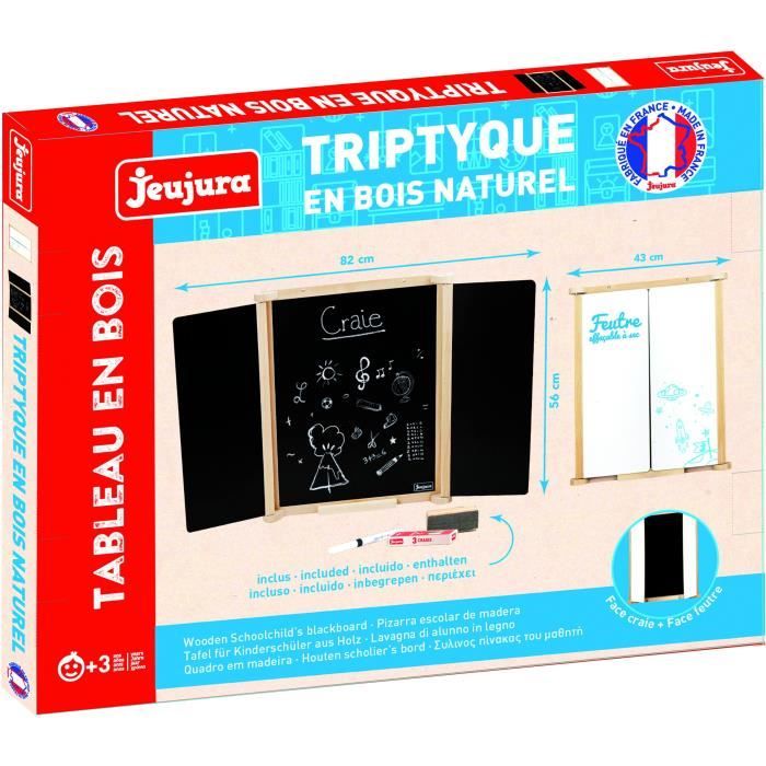 Trittico Pittura Murale In Legno Naturale - Jeujura - Persiane Centrali In Ardesia E Gesso/feltro, Accessori Inclusi, 82x56 cm