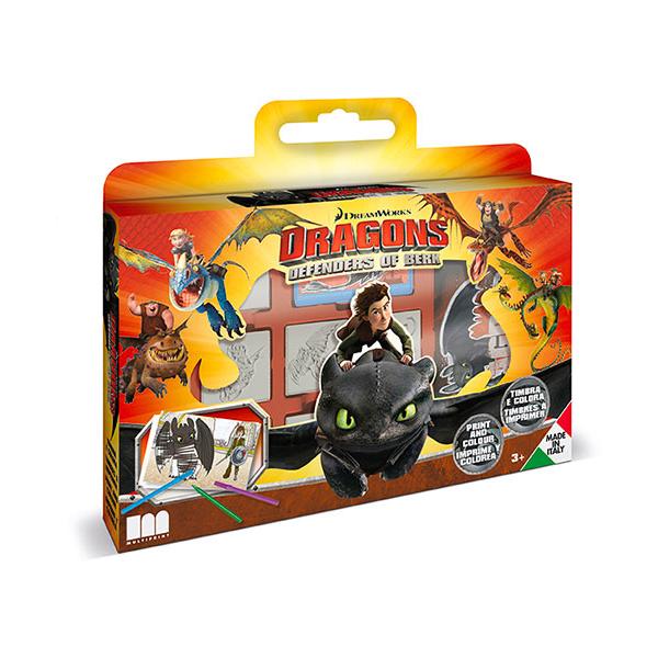 Scatola Per Timbri - Multiprint - 7888 - Drago - 7 Timbri In Legno E Lattice, Pennarelli Giotto, Album Da Colorare