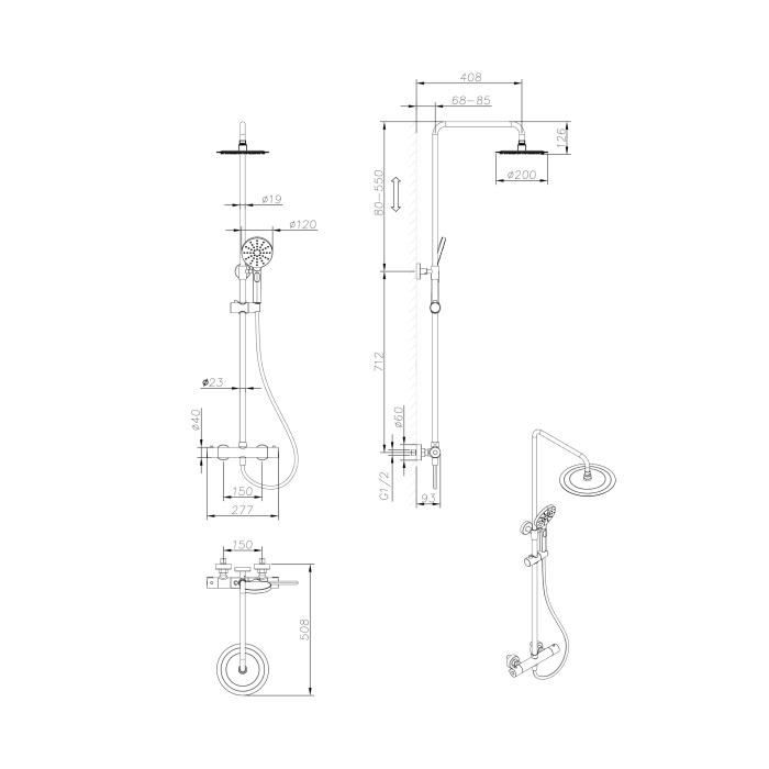 Oceanic Colonna Doccia - Miscelatore Termostatico - Testa Tonda Alta Diametro 20 Cm - Nero Opaco - Image 5