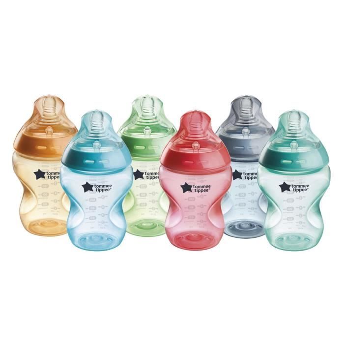 Tommee Tippee - Confezione Da 6 Biberon Closer To Nature - Tettarella Con Valvola AntI-Colic - 260ml - Multicolore Fluorescente
