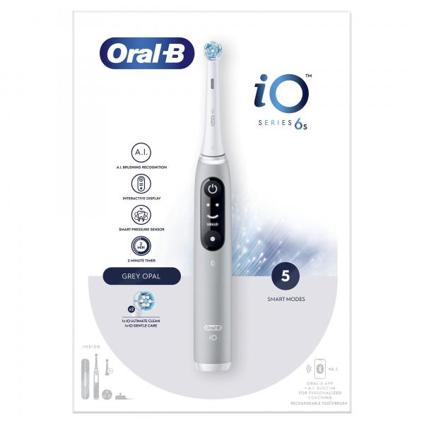 OraL-B Io 6s Spazzolino Elettrico Connesso Bluetooth Grigio, 2 Testine, 1 Custodia Da Viaggio