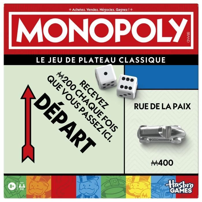 Monopoly Classico, Gioco Da Tavolo, Con Contenitore E Pedine Grandi, Da 2 A 6 Giocatori, Versione Fr, Da 8 Anni,