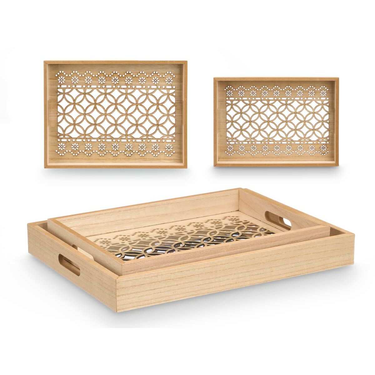 Set di Vassoi Gift Decor Marrone Trasparente Legno Vetro Cerchi 2 Pezzi