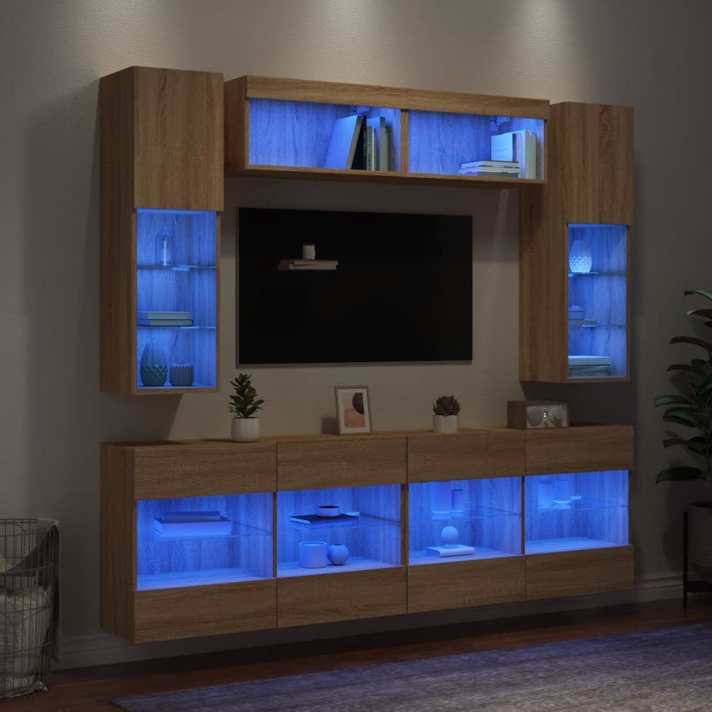 vidaXL Muebles de TV de pared con luces LED 6 piezas roble sonoma