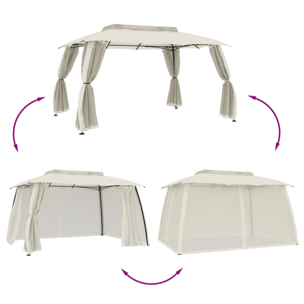 vidaXL Pavillon mit Doppeldach & Netzwänden Creme 3,93x2,93 m Stahl - Image 6