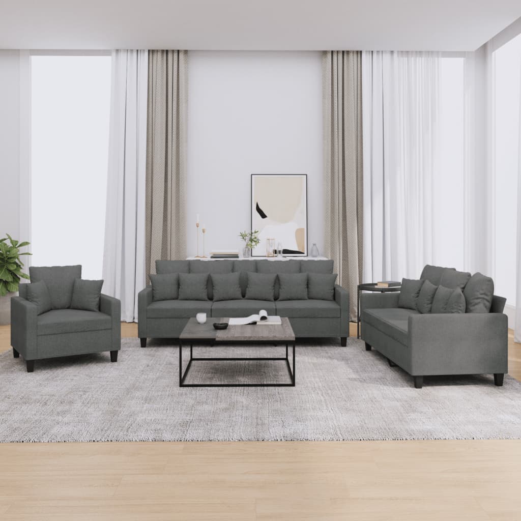 Set Di Divani 3 Pz Con Cuscini Grigio Scuro In Tessuto