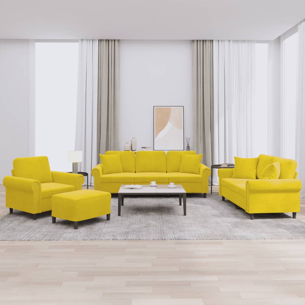 Set Di Divani 4 Pz Con Cuscini Giallo In Velluto