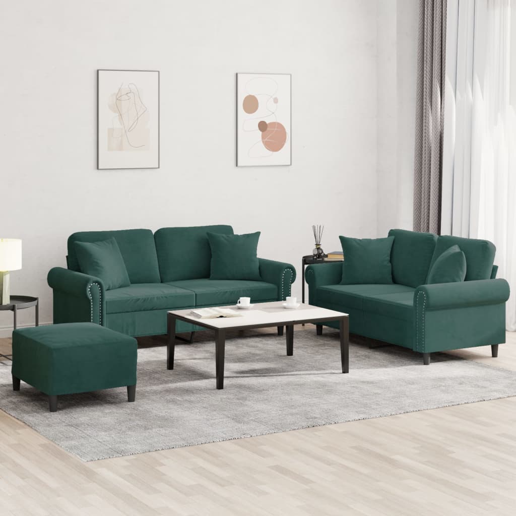 Set Di Divani 3 Pz Con Cuscini Verde Scuro In Velluto