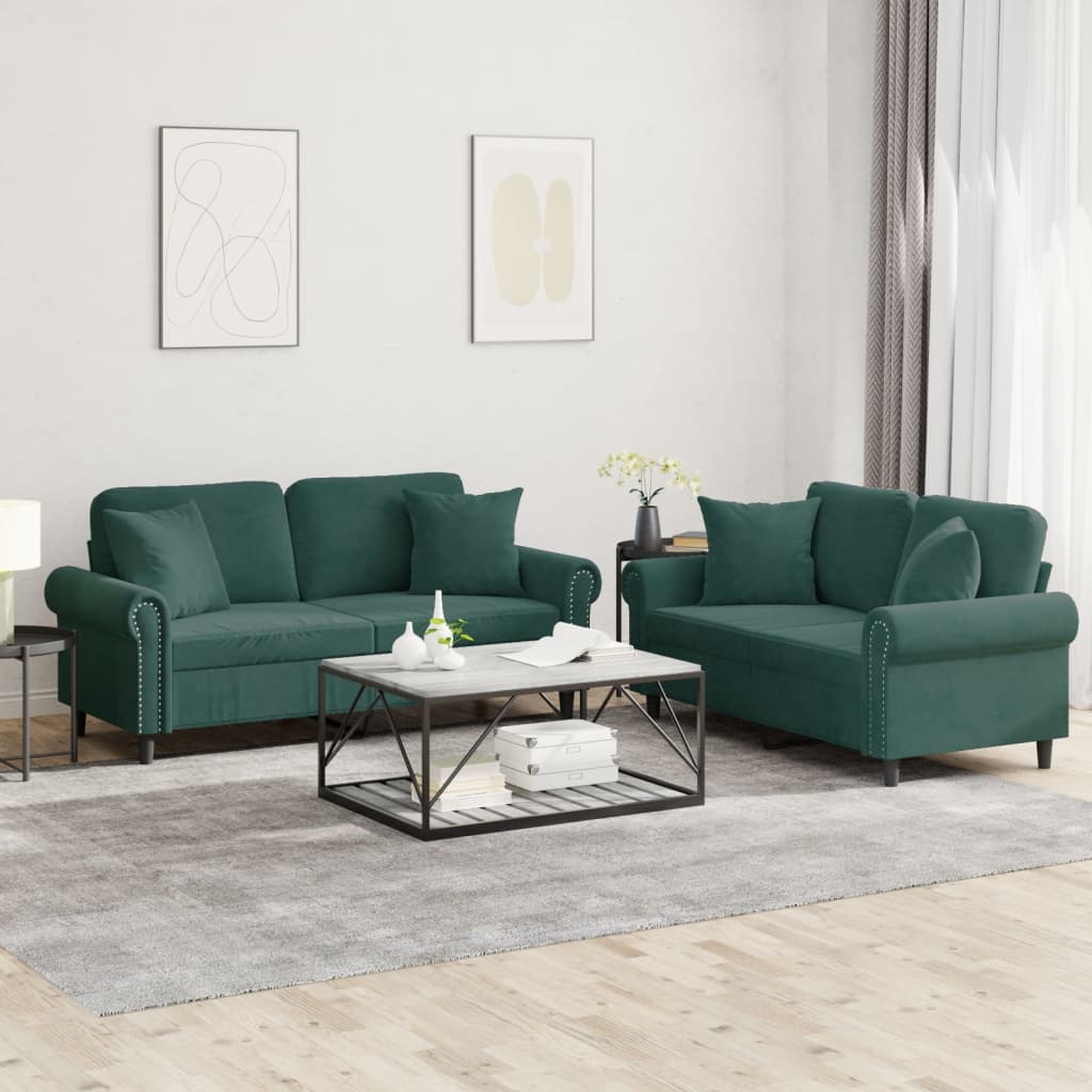 Set Di Divani 2 Pz Con Cuscini Verde Scuro In Velluto
