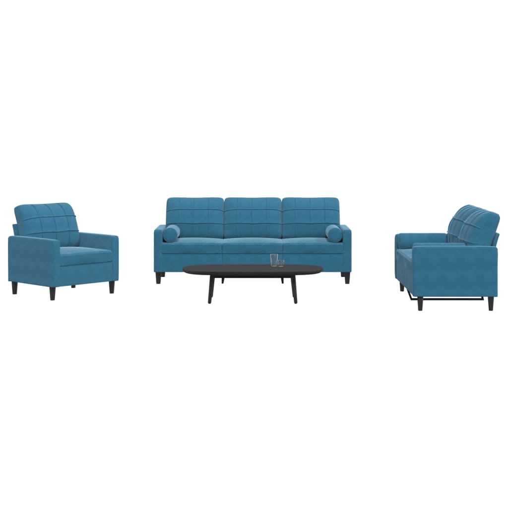 Set Di Divani 3 Pz Con Cuscini E Rinforzi Blu In Velluto