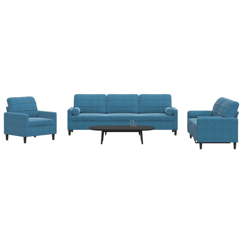 Set Di Divani 3 Pz Con Cuscini E Rinforzi Blu In Velluto