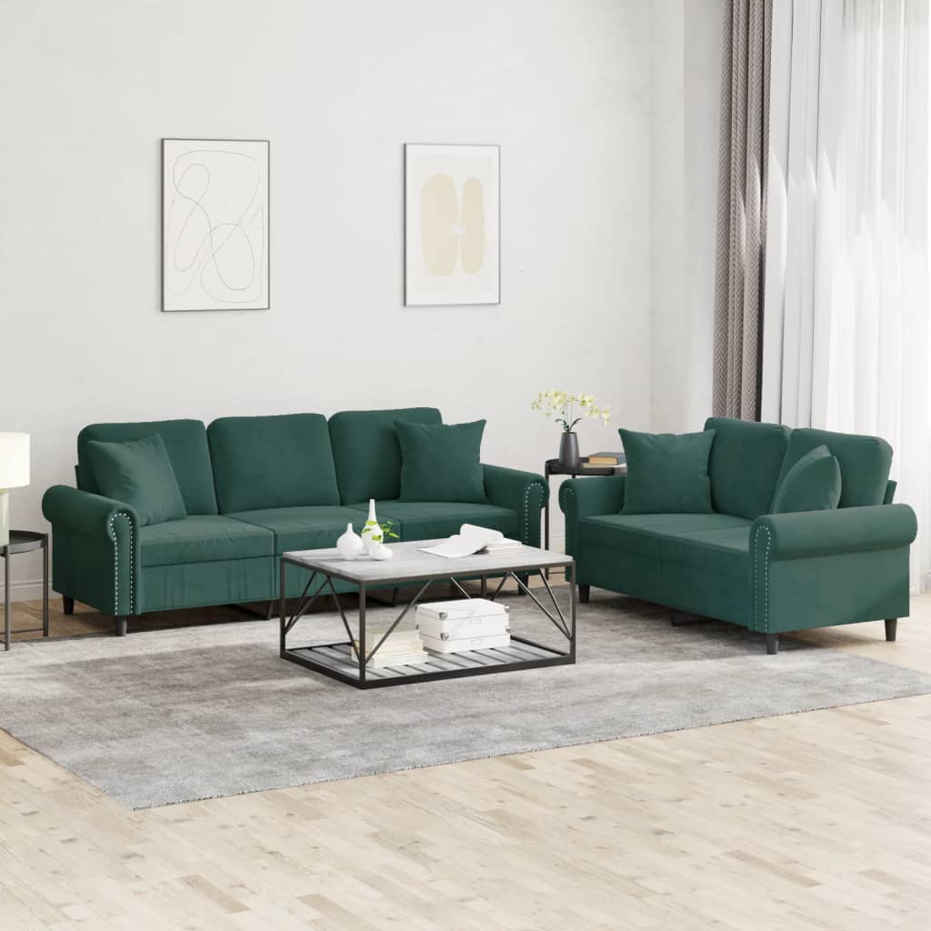 Set Di Divani 2 Pz Con Cuscini Verde Scuro In Velluto