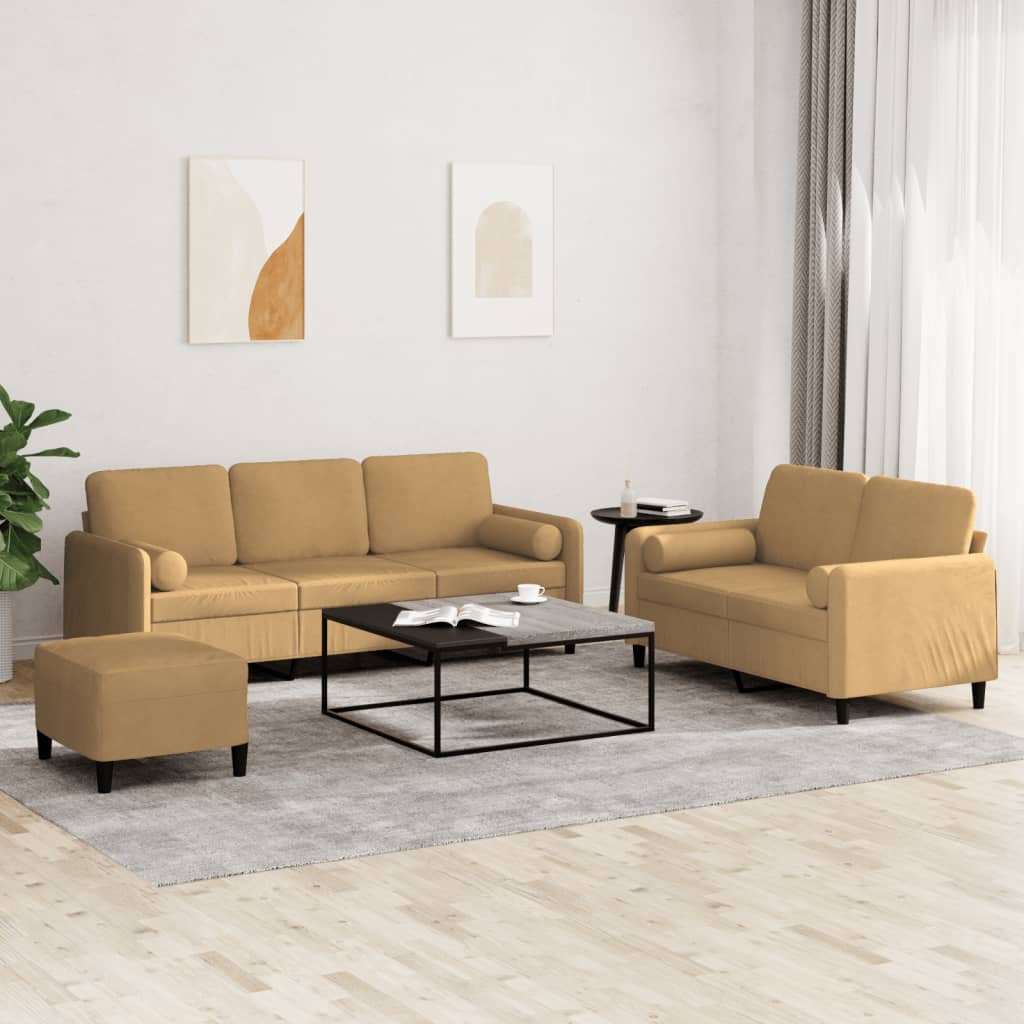Set Di Divani 3 Pz Con Cuscini Marrone In Velluto