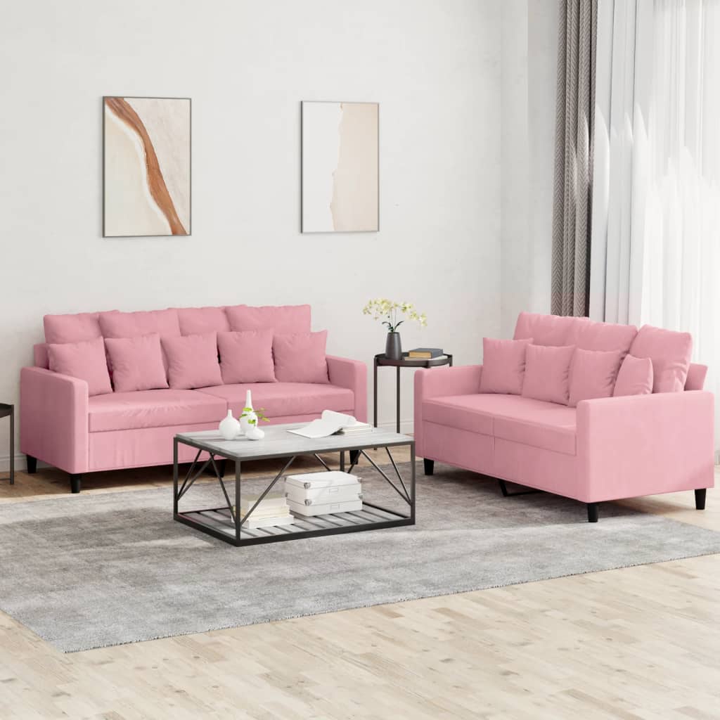 Set Di Divani 2 Pz Con Cuscini Rosa In Velluto