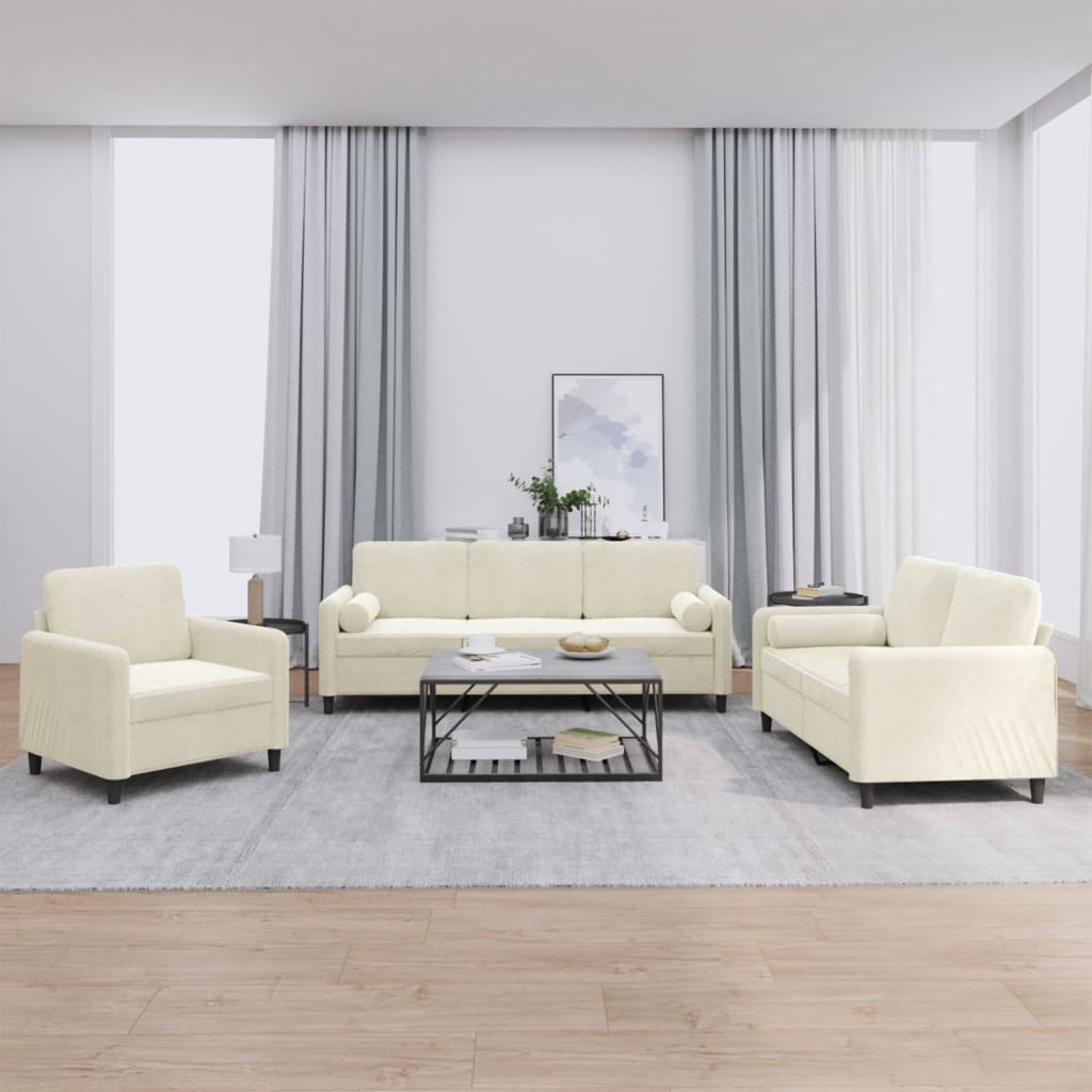 Set Di Divani 3 Pz Con Cuscini Crema In Velluto