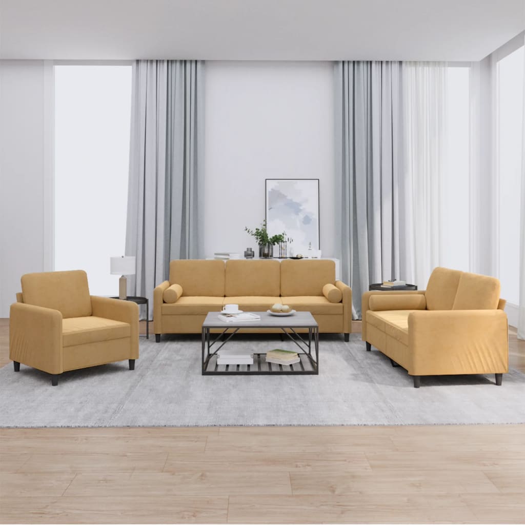 Set Di Divani 3 Pz Con Cuscini Marrone In Velluto