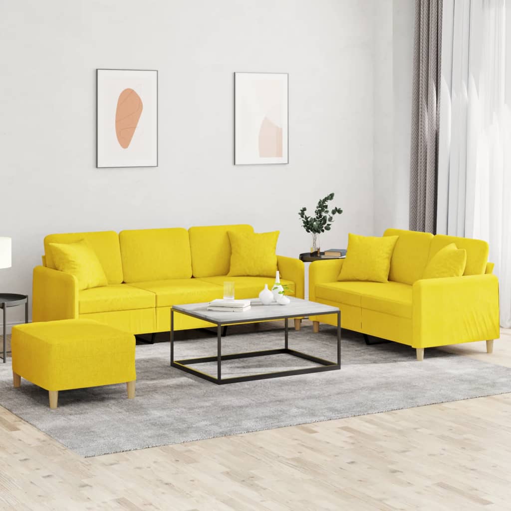 Set Di Divani 3 Pz Con Cuscini Giallo Chiaro In Tessuto