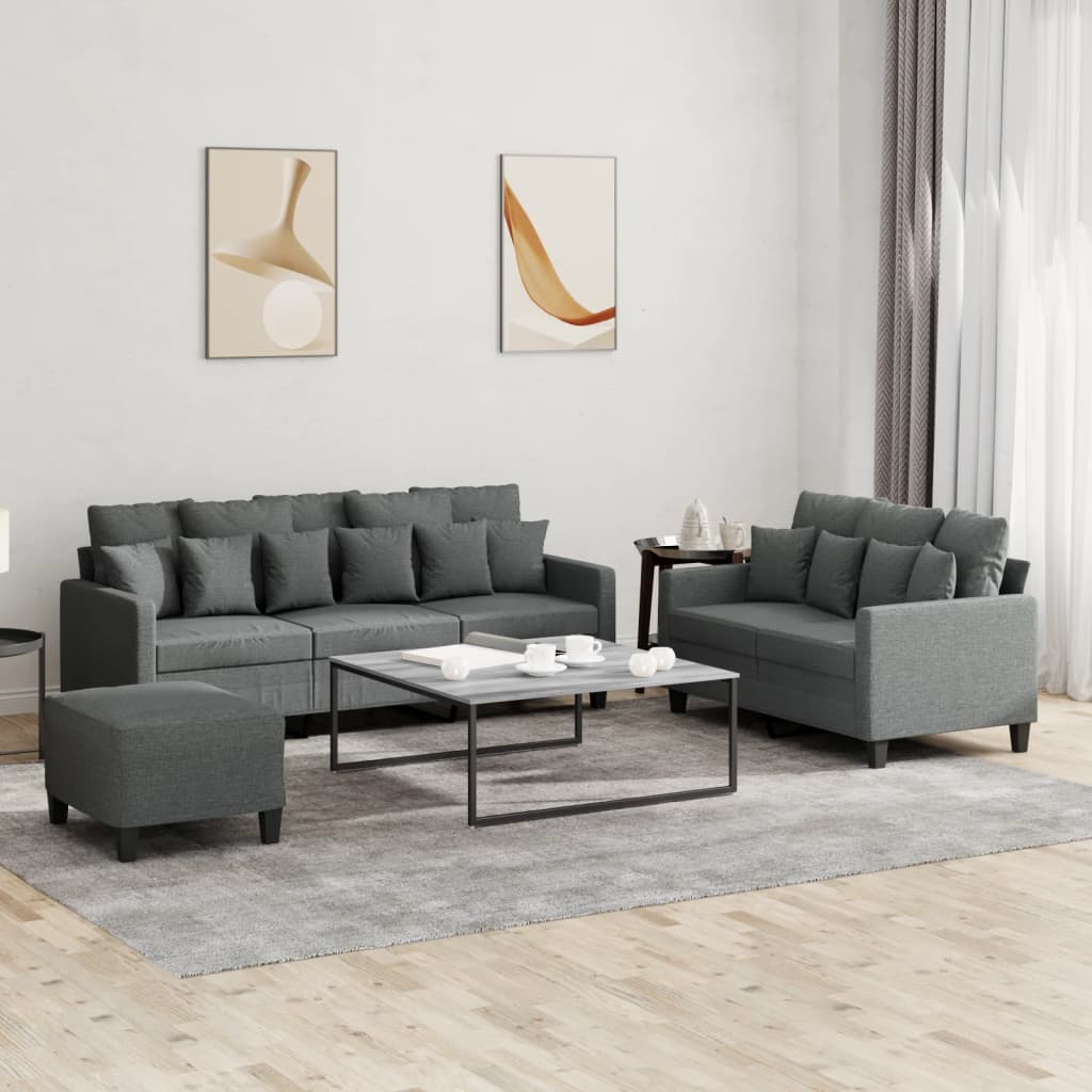 Set Di Divani 3 Pz Con Cuscini Grigio Scuro In Tessuto