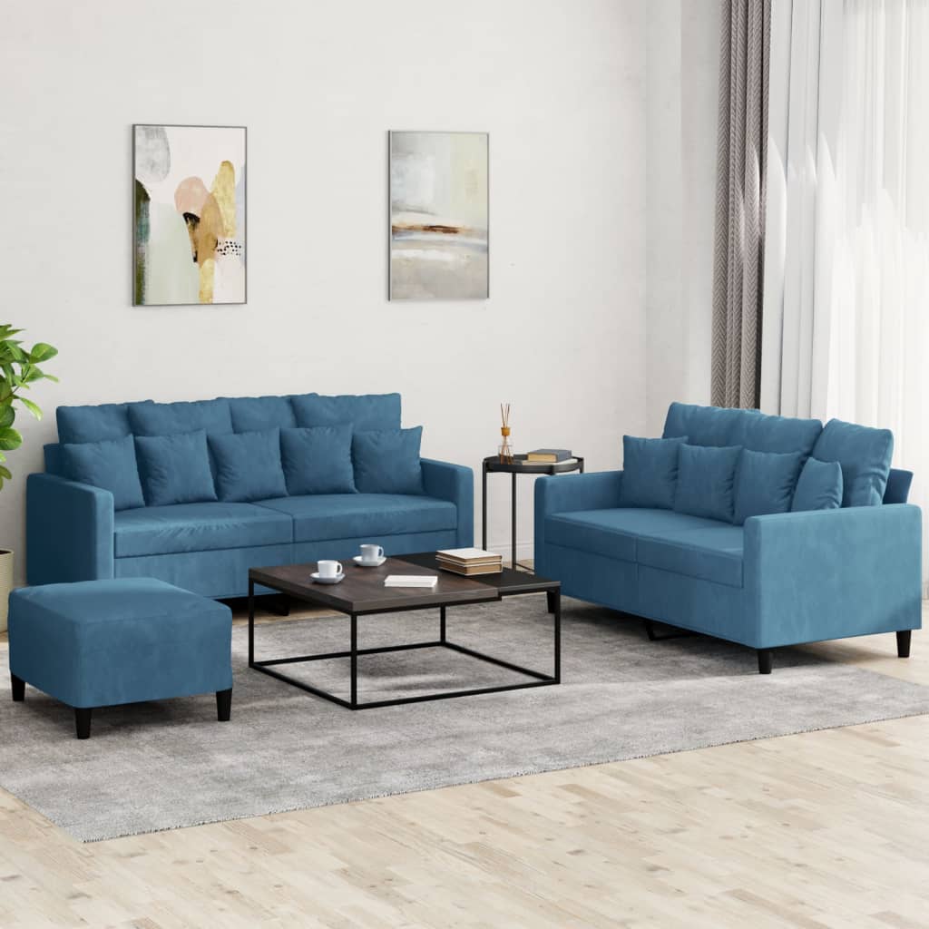 Set Di Divani 3 Pz Con Cuscini Blu In Velluto