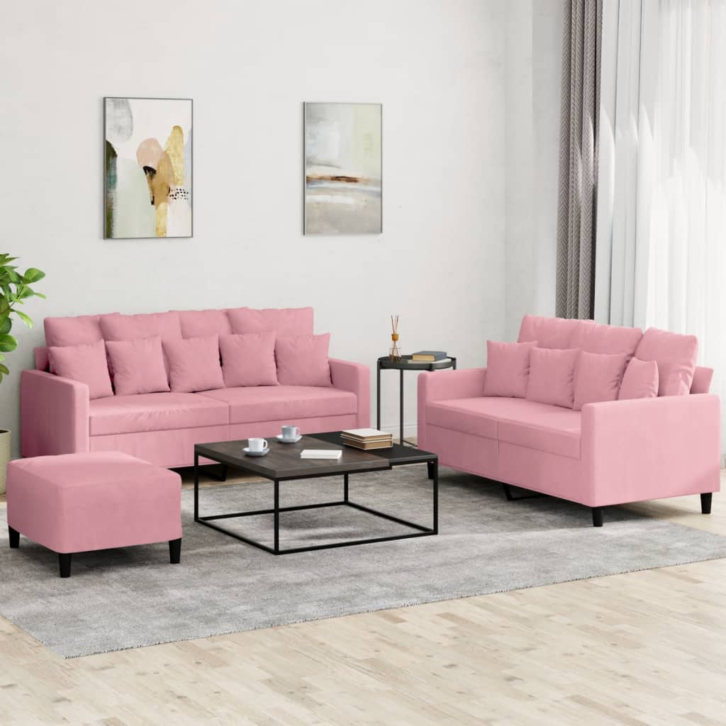Set Di Divani 3 Pz Con Cuscini Rosa In Velluto