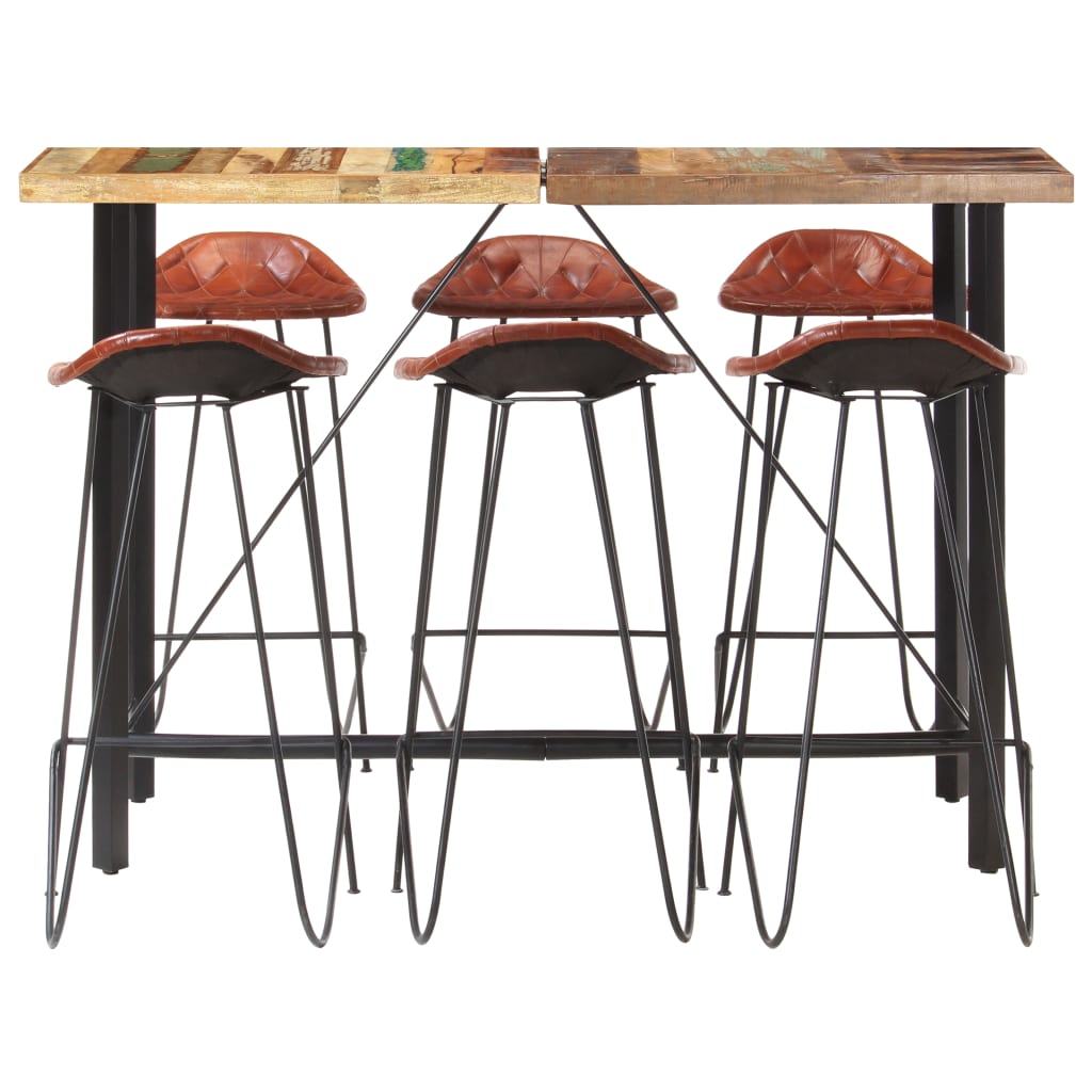Set Da Bar 7 Pz In Legno Massello Di Recupero E Vera Pelle