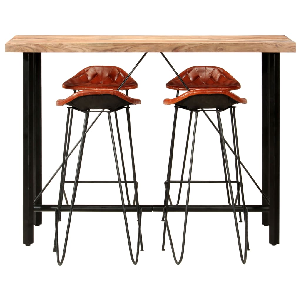 Set Da Bar 5 Pz In Legno Massello E Vera Pelle